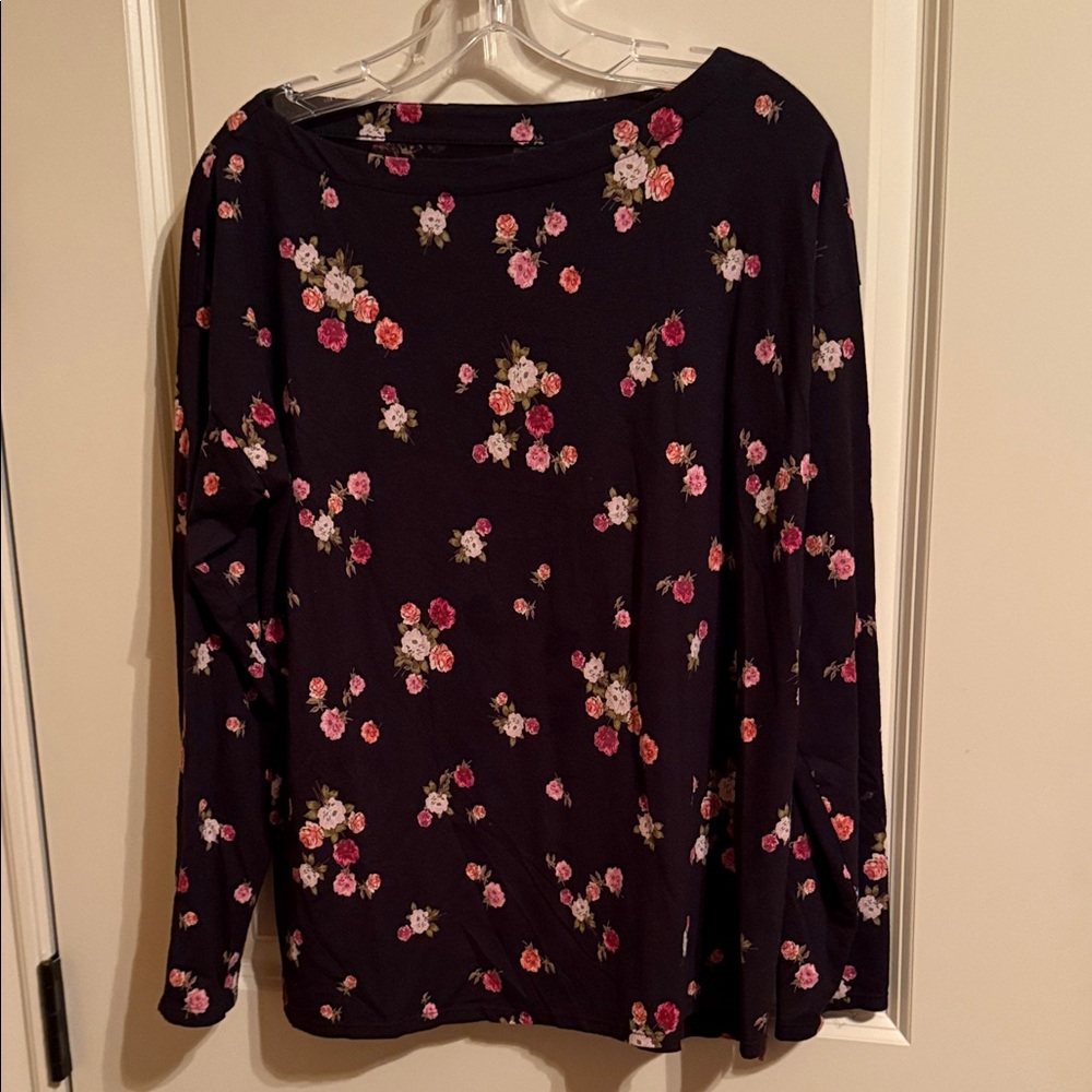 J. Jill Black Floral Blouse with Pink Accents
